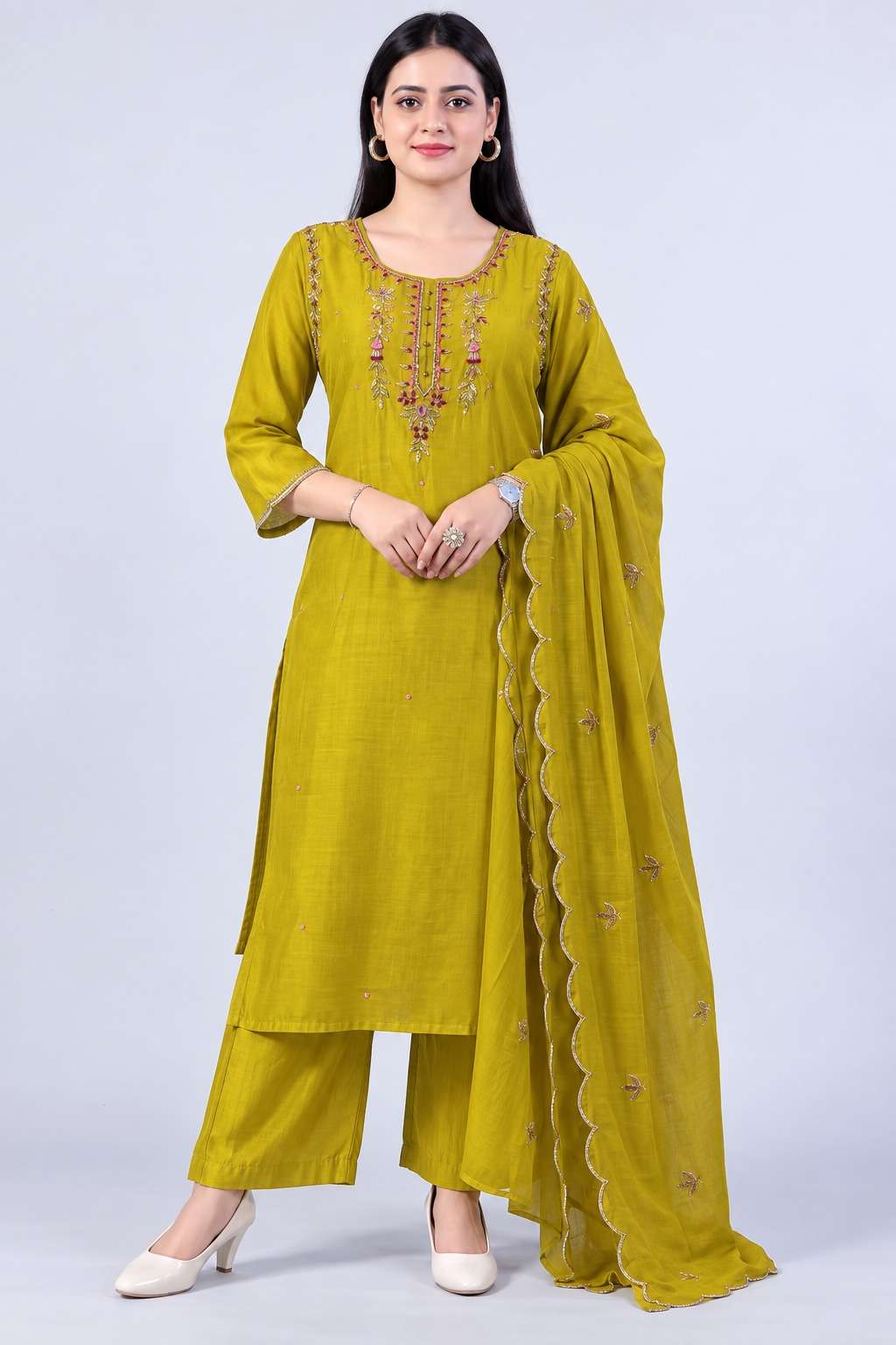 Lime Green Embroidered Mul Chanderi Kurta and pant with Dupatta