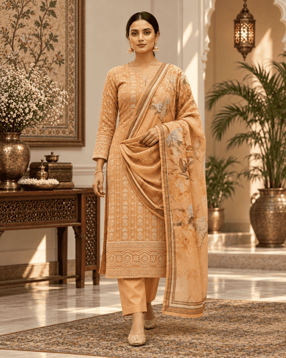 Unstitched Peach Blush Georgette Suit With Intricate White Resham Embroidery And Sequin Highlights