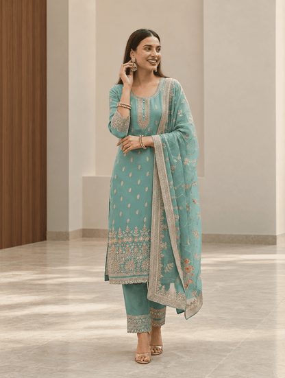 Semi-Stitched Light Aqua Pure Organza Suit With Delicate Zariâ€“Resham Thread Embroidery