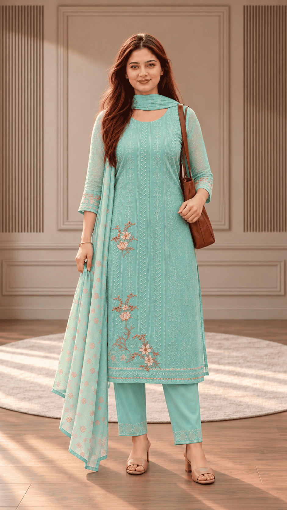 Unstitched Soft Aqua Blue Chiffon Suit With Tonal Thread Embroidery And Subtle Floral Digital Print Highlights