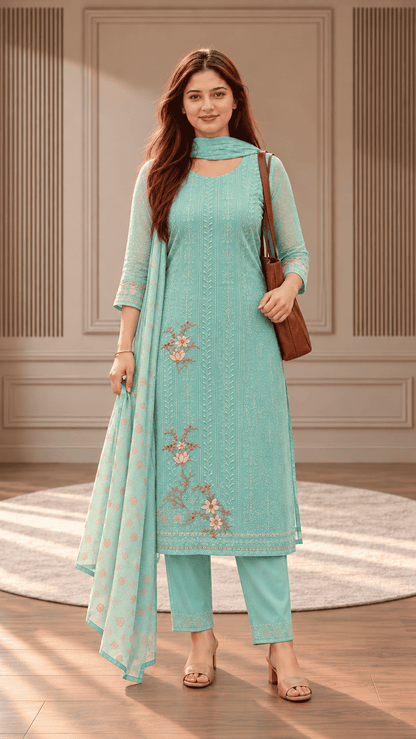 Unstitched Soft Aqua Blue Chiffon Suit With Tonal Thread Embroidery And Subtle Floral Digital Print Highlights