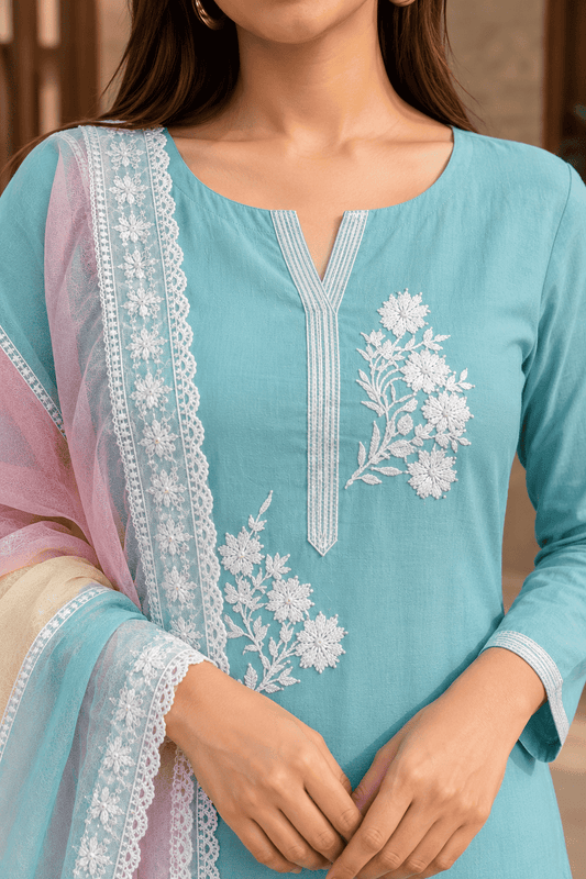 Unstitched sea green embroidered cotton suit set with a contrasting dupatta