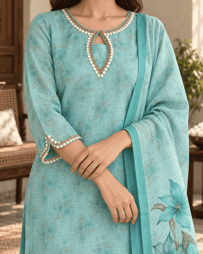 Sky Blue Floral Printed Linen Kurta Pant and Dupatta