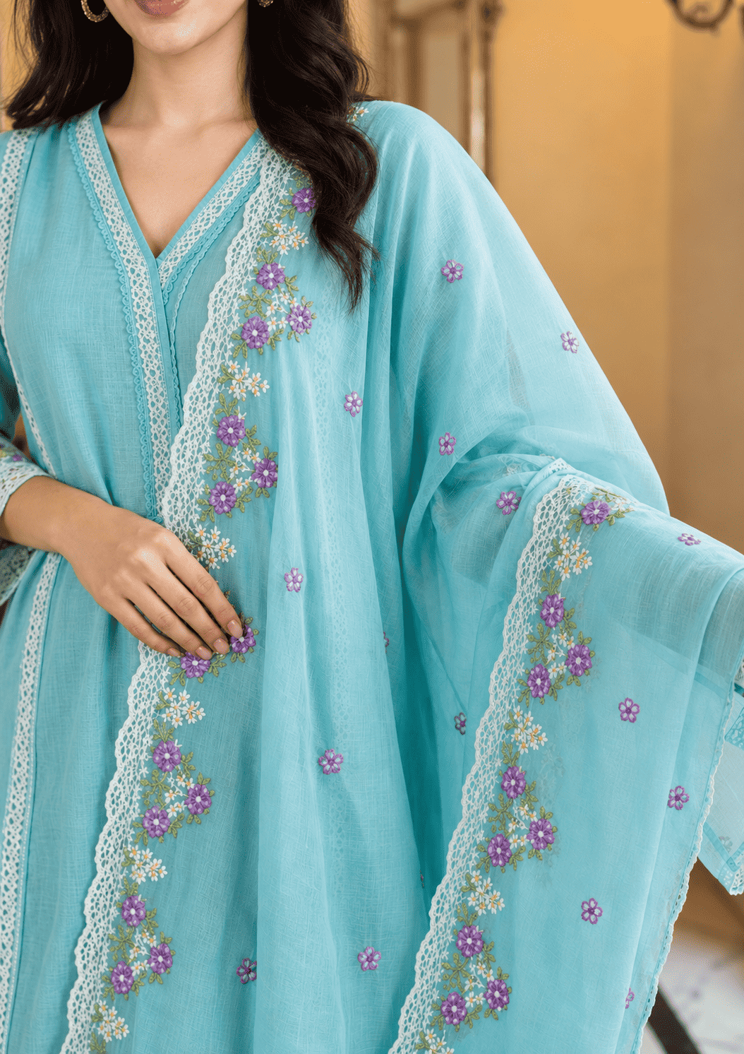 Sea Green Organza Embroidered Kurta pant Set with Dupatta