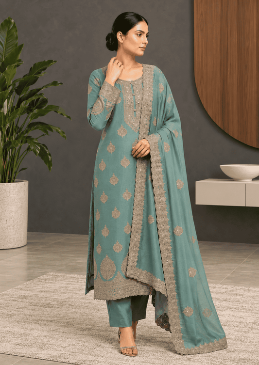 Icy Aqua Blue Semi-Stitched Tissue Silk Suit With Dupatta With Golden Sequin And Thread Embroidery