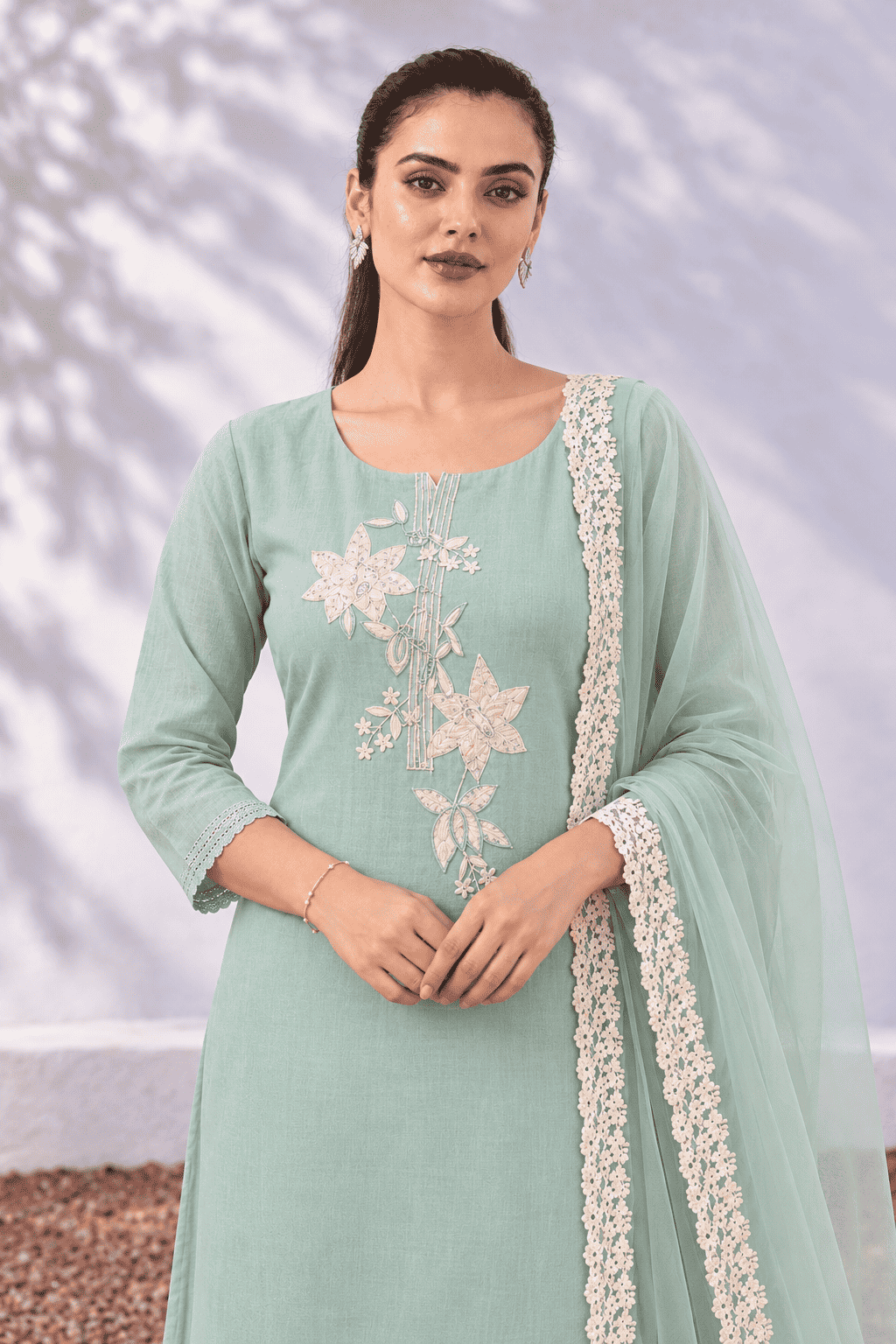 Unstitched aqua green embroidered cotton suit with dupatta