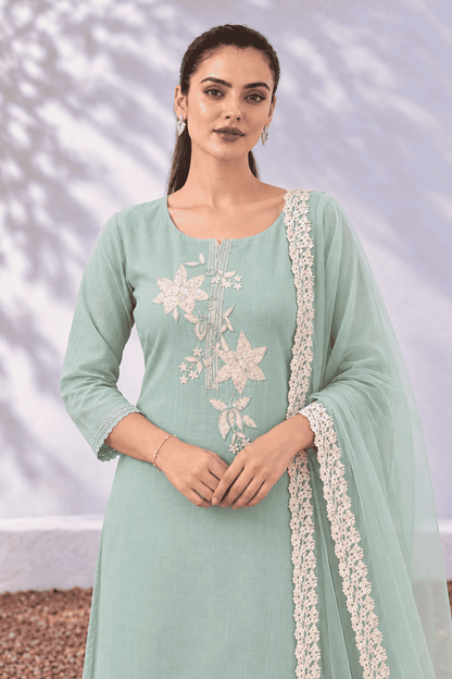 Unstitched aqua green embroidered cotton suit with dupatta