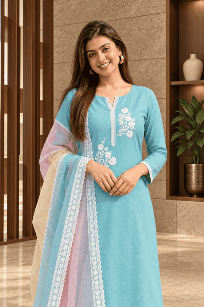 Unstitched sea green embroidered cotton suit set with a contrasting dupatta