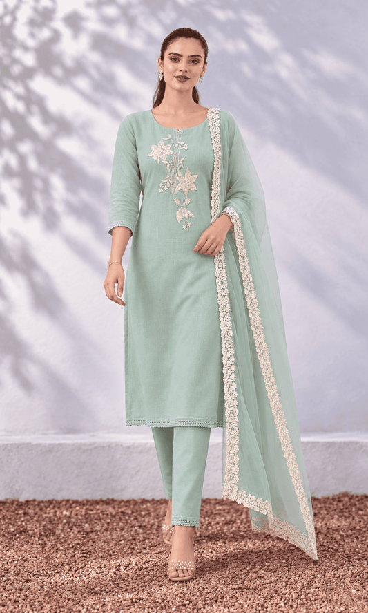 Unstitched aqua green embroidered cotton suit with dupatta