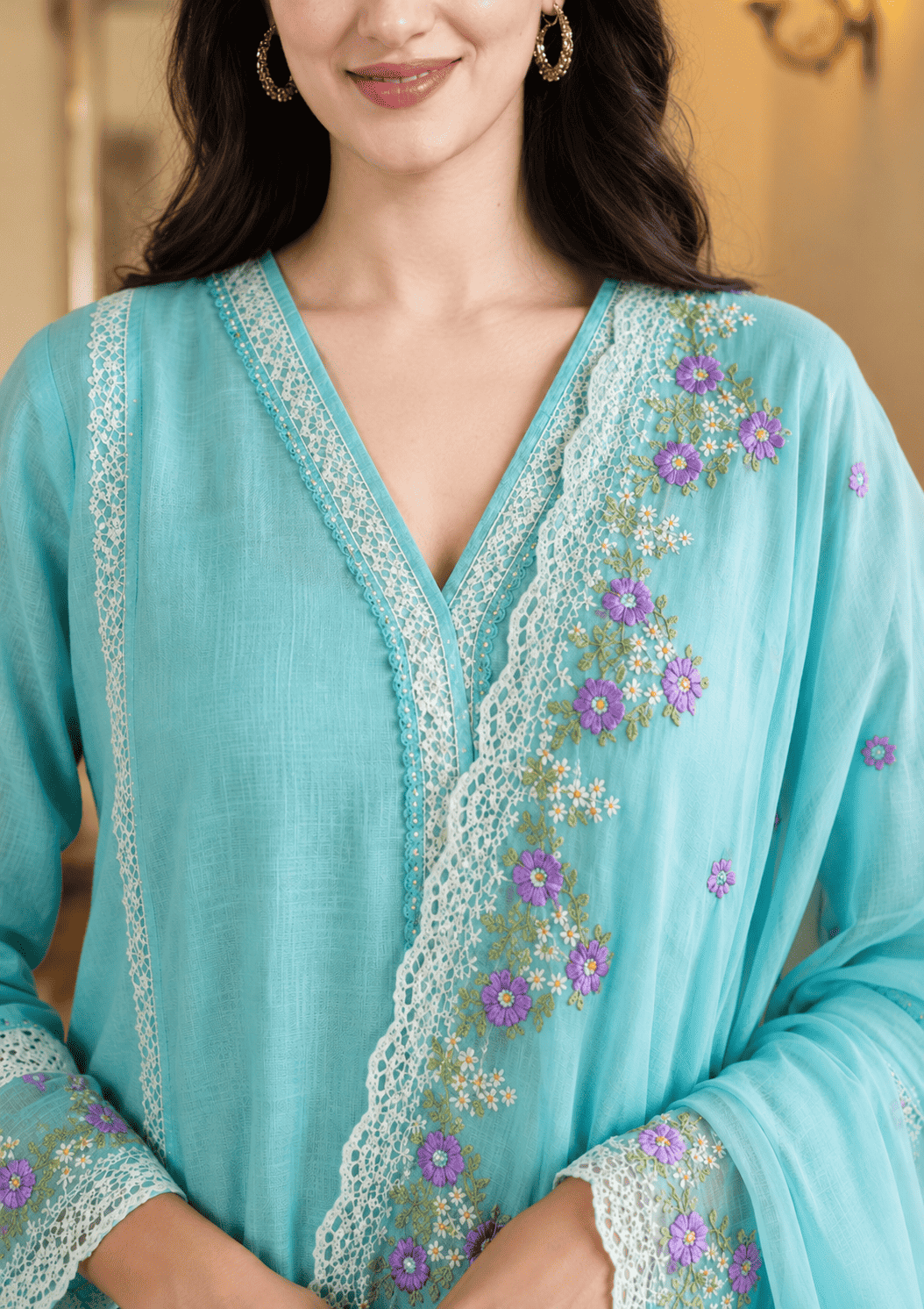 Sea Green Organza Embroidered Kurta pant Set with Dupatta