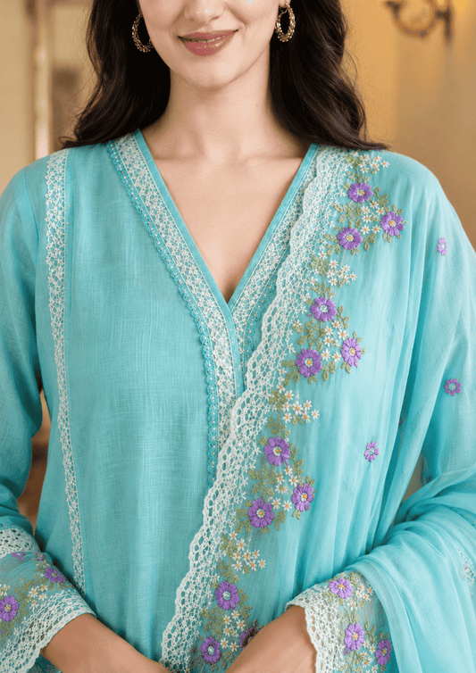 Sea Green Organza Embroidered Kurta pant Set with Dupatta