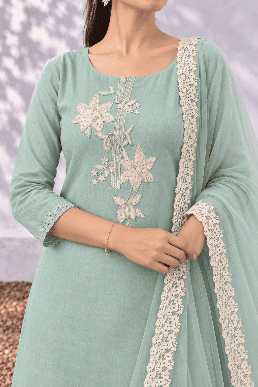 Unstitched aqua green embroidered cotton suit with dupatta