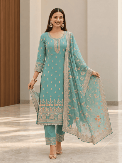 Semi-Stitched Light Aqua Pure Organza Suit With Delicate Zariâ€“Resham Thread Embroidery