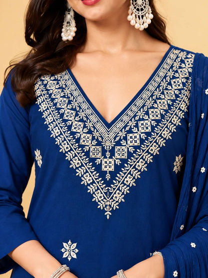 Navy Blue Embroidered Cotton Blend Kurta Pant and Dupatta