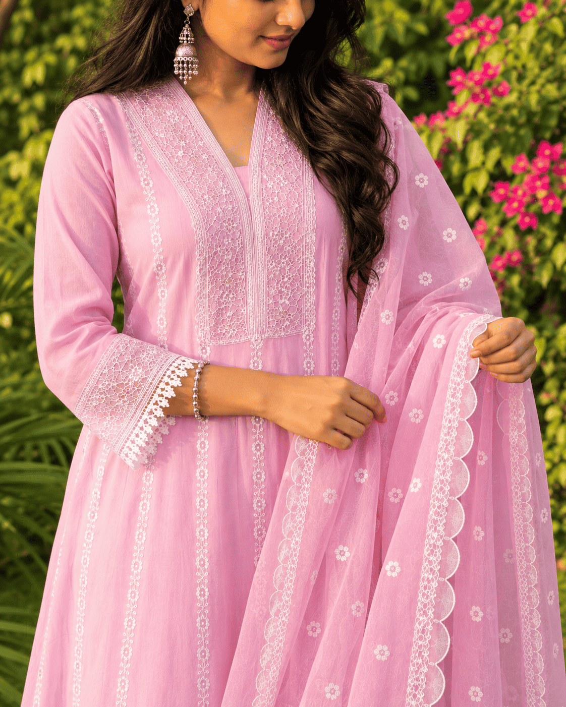 Baby Pink Embroidered Mul Cotton Kurta Pant and Dupatta