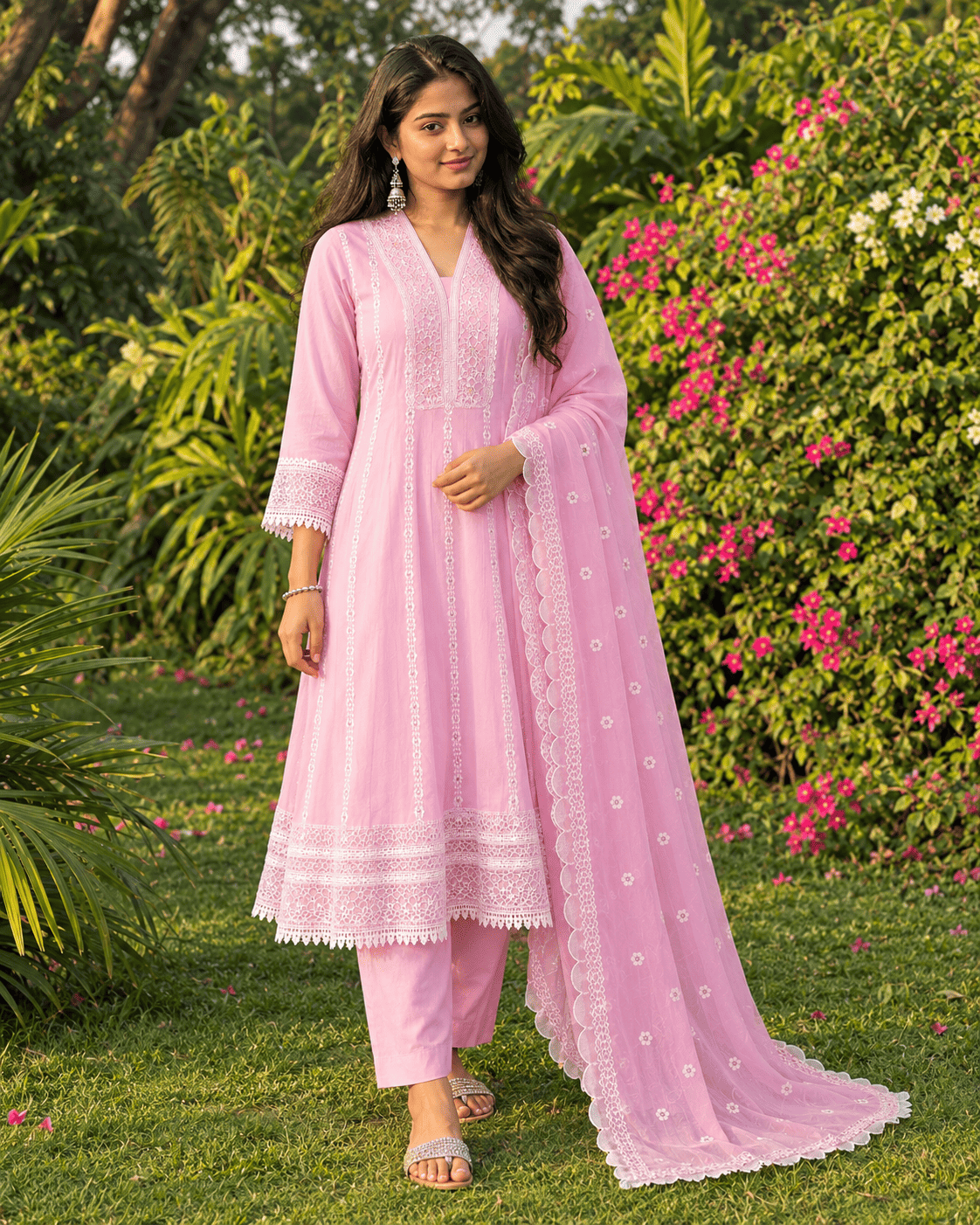 Baby Pink Embroidered Mul Cotton Kurta Pant and Dupatta