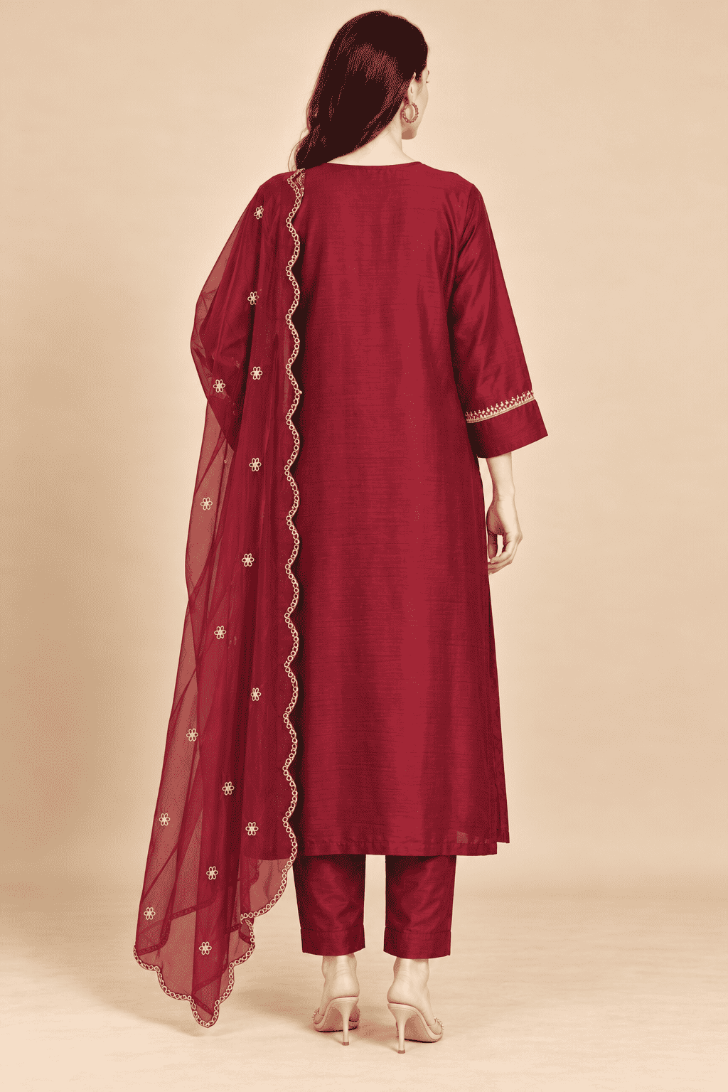 Wine Embroidered Dola Silk Straight Kurta and Pant with Dupatta
