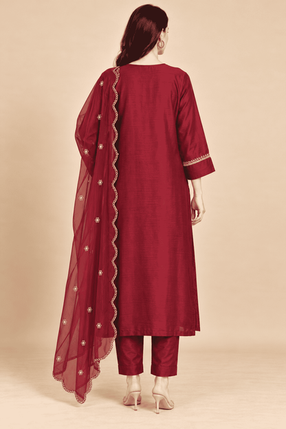 Wine Embroidered Dola Silk Straight Kurta and Pant with Dupatta