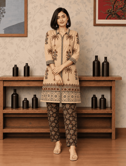 Beige Printed Cotton Blend Kurta Pant Set