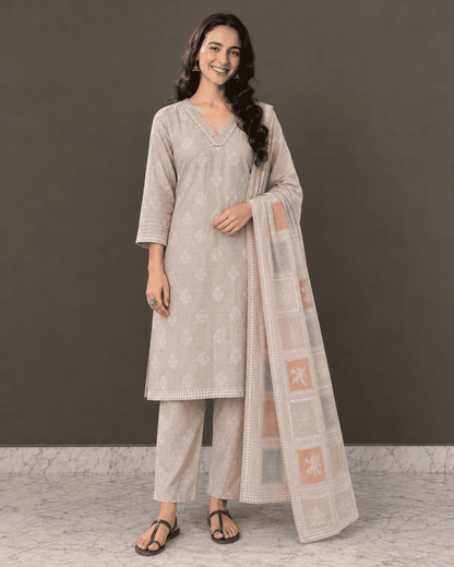 Beige Floral Printed Linen Kurta Pant and Dupatta