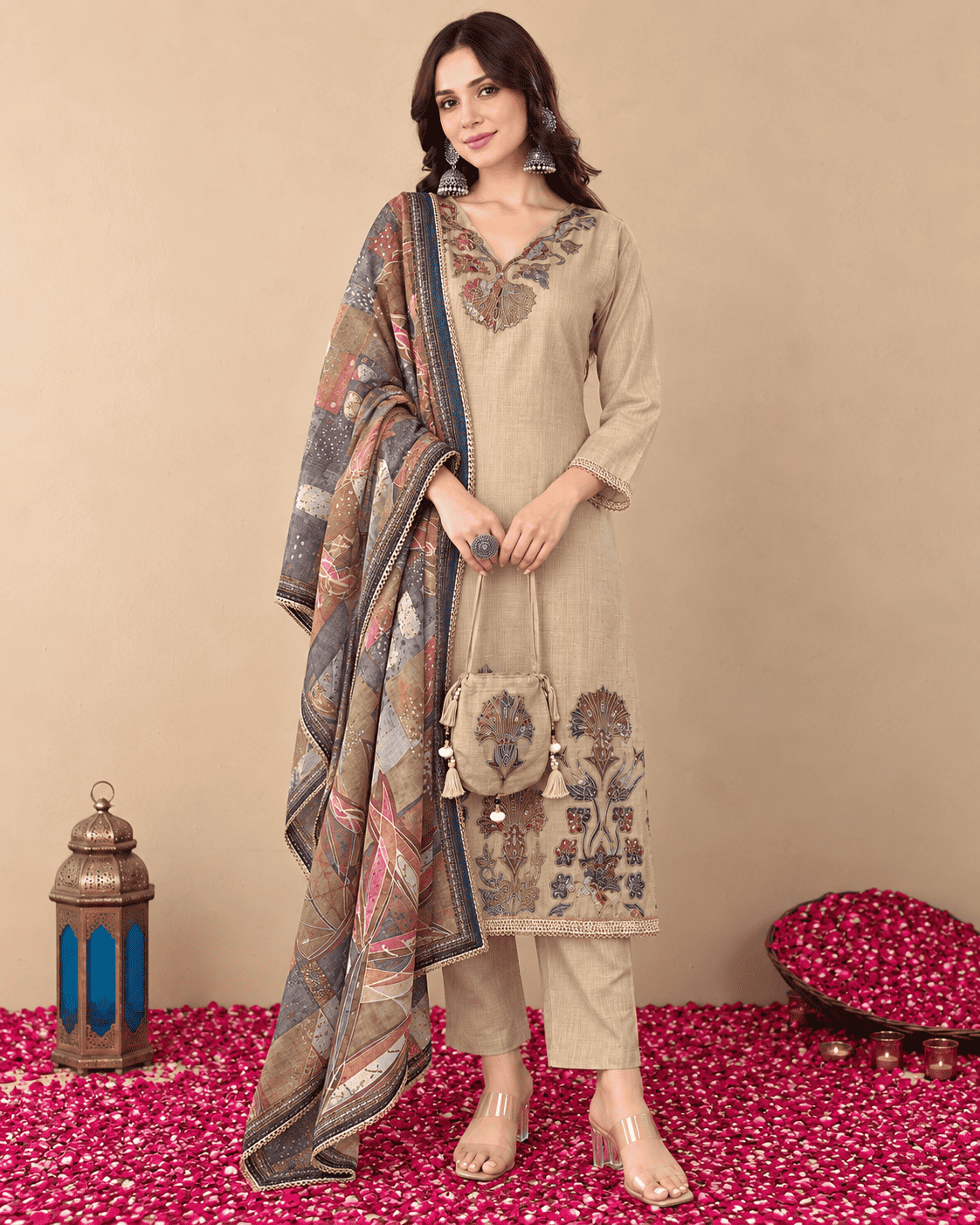 Beige Jamdani Cotton Kurta and Pant With Dupatta