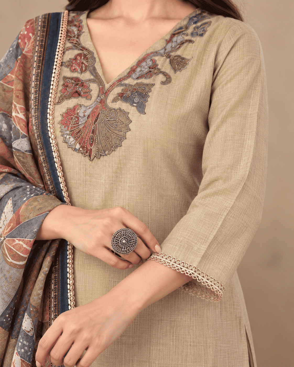 Beige Jamdani Cotton Kurta and Pant With Dupatta