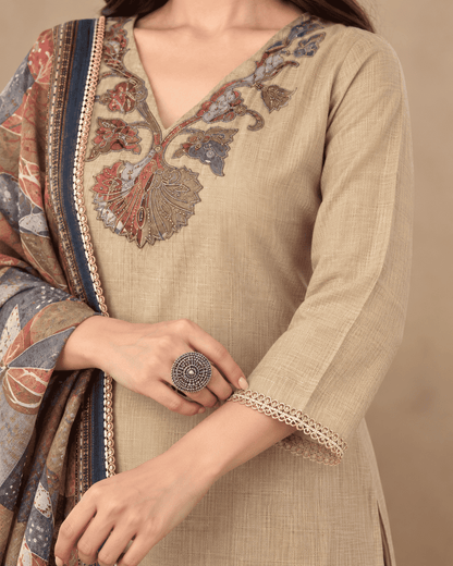 Beige Jamdani Cotton Kurta and Pant With Dupatta