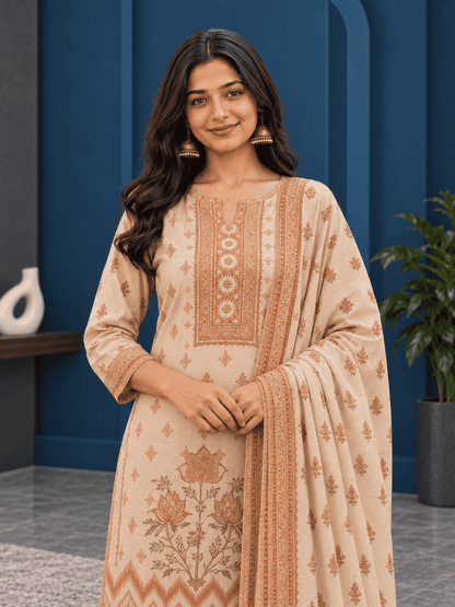 Unstitched brown printed cotton suit with dupatta