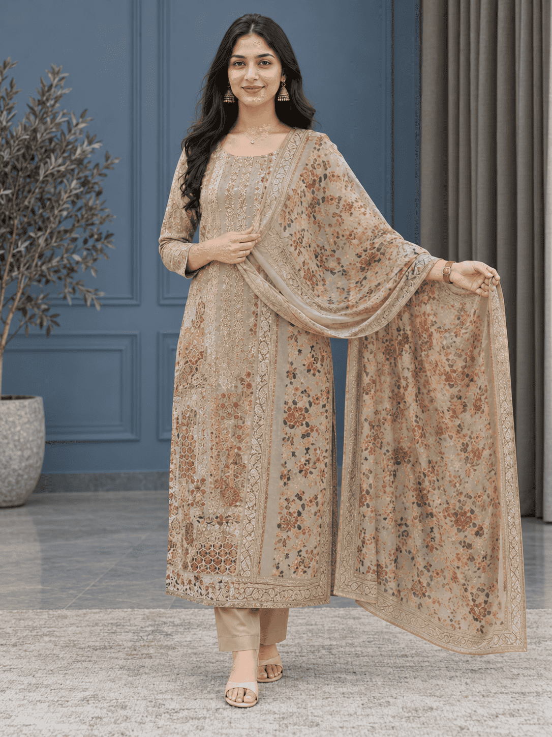 Beige Unstitched Multicoloured Embroidery And Mirror-Sequin Textured Chiffon Suit Set With Dupatta