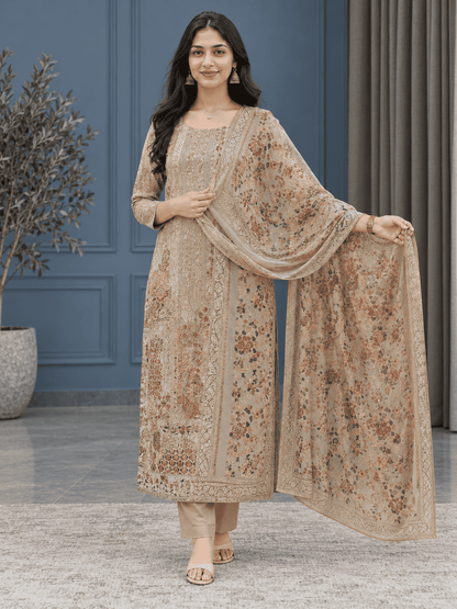 Beige Unstitched Multicoloured Embroidery And Mirror-Sequin Textured Chiffon Suit Set With Dupatta