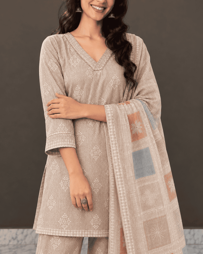 Beige Floral Printed Linen Kurta Pant and Dupatta