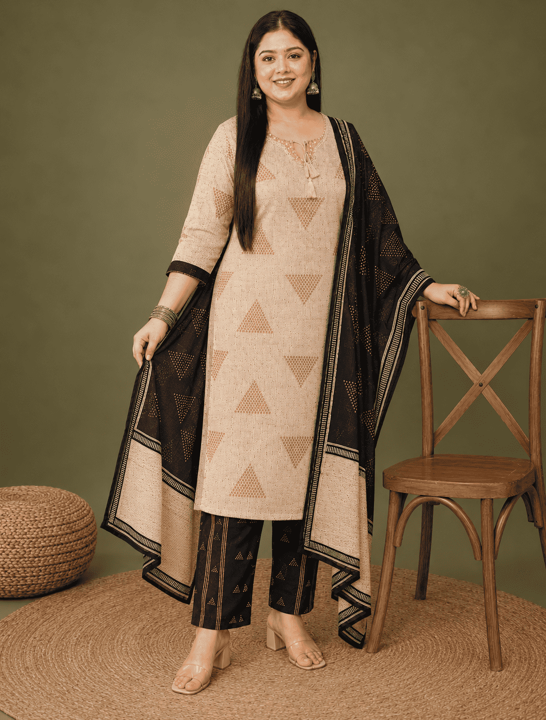 Beige And Black Block Printed Cotton Kurta Pant With Dupatta