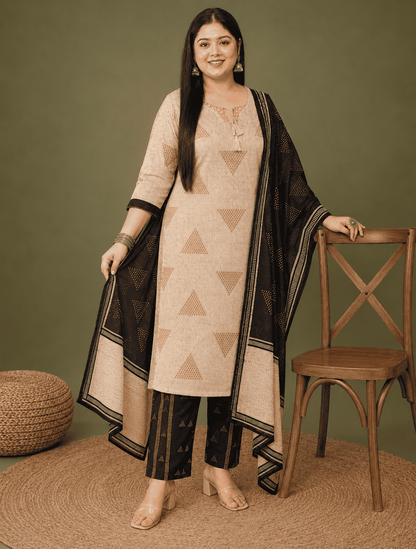 Beige And Black Block Printed Cotton Kurta Pant With Dupatta