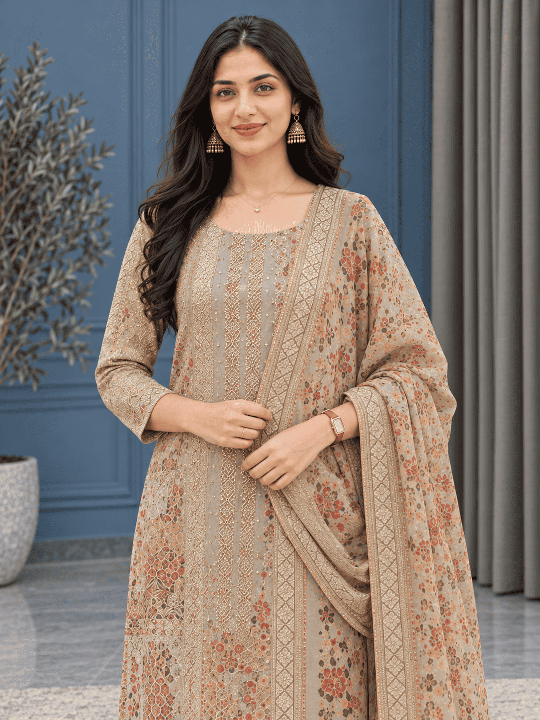 Beige Unstitched Multicoloured Embroidery And Mirror-Sequin Textured Chiffon Suit Set With Dupatta