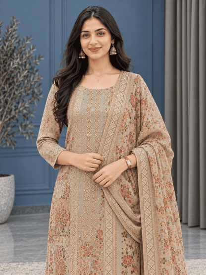 Beige Unstitched Multicoloured Embroidery And Mirror-Sequin Textured Chiffon Suit Set With Dupatta
