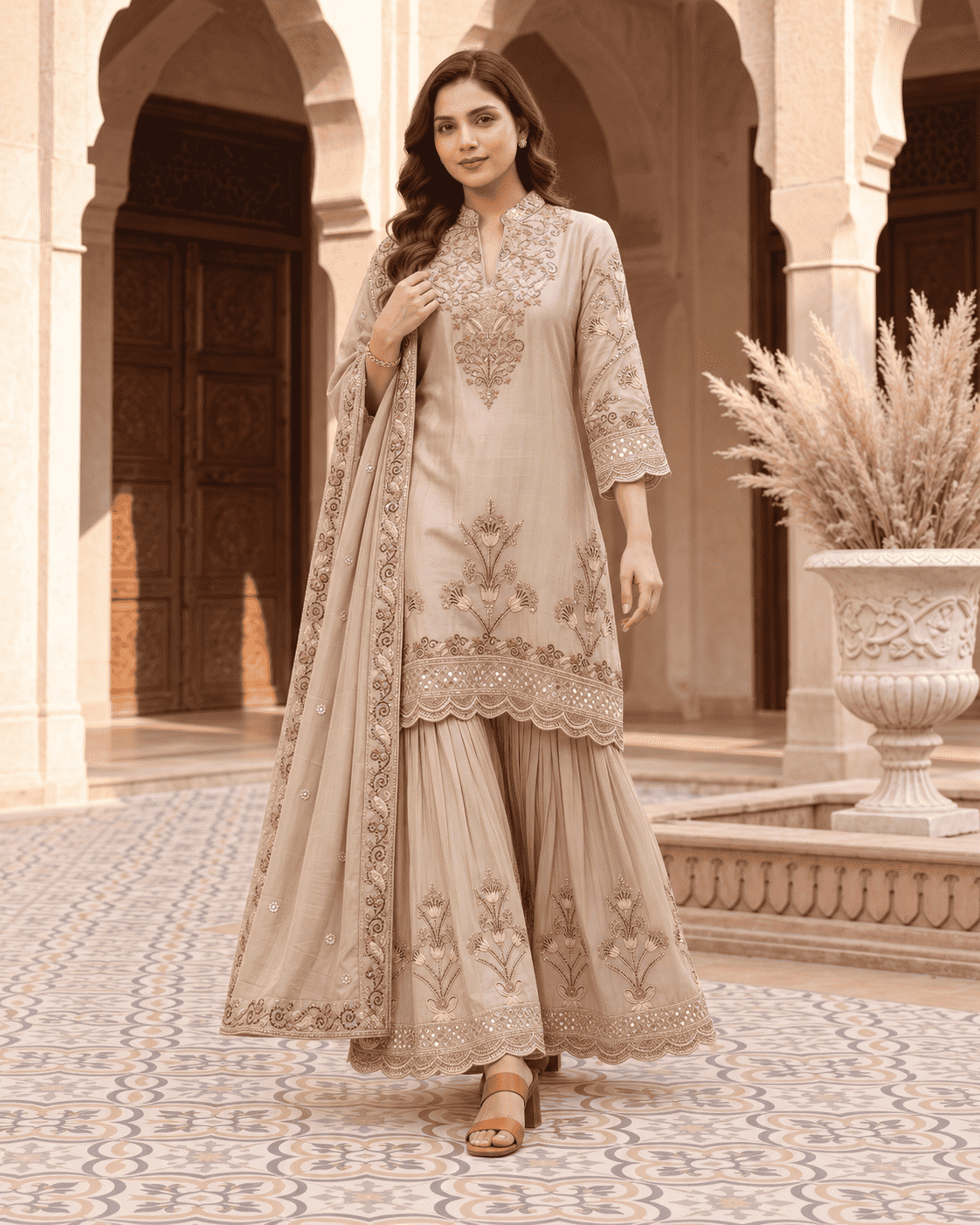 Beige Embroidered Chinon Kurta Sharara and Dupatta Set