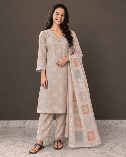 Beige Floral Printed Linen Kurta Pant and Dupatta