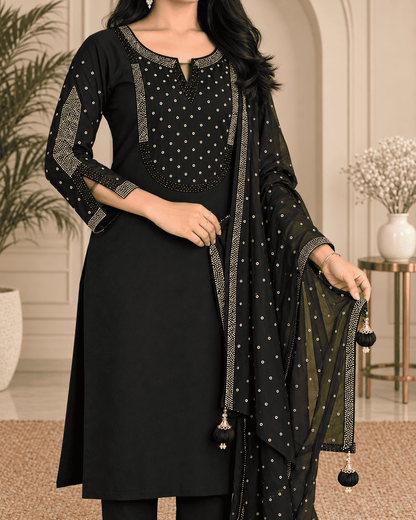 Black Mul Chanderi Embroidered Kurta and Pant with Dupatta