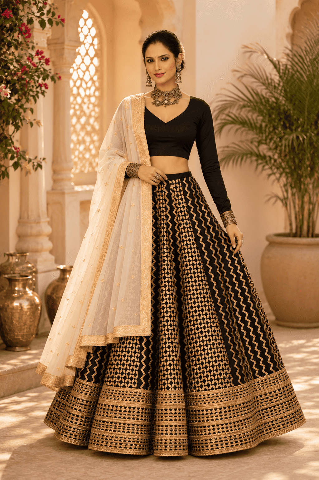 Black cotton silk blouse with ivory geometric printed gota lace lehenga paired with an ivory embroidered organza dupatta
