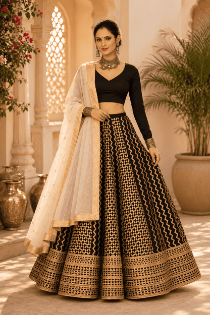 Black cotton silk blouse with ivory geometric printed gota lace lehenga paired with an ivory embroidered organza dupatta