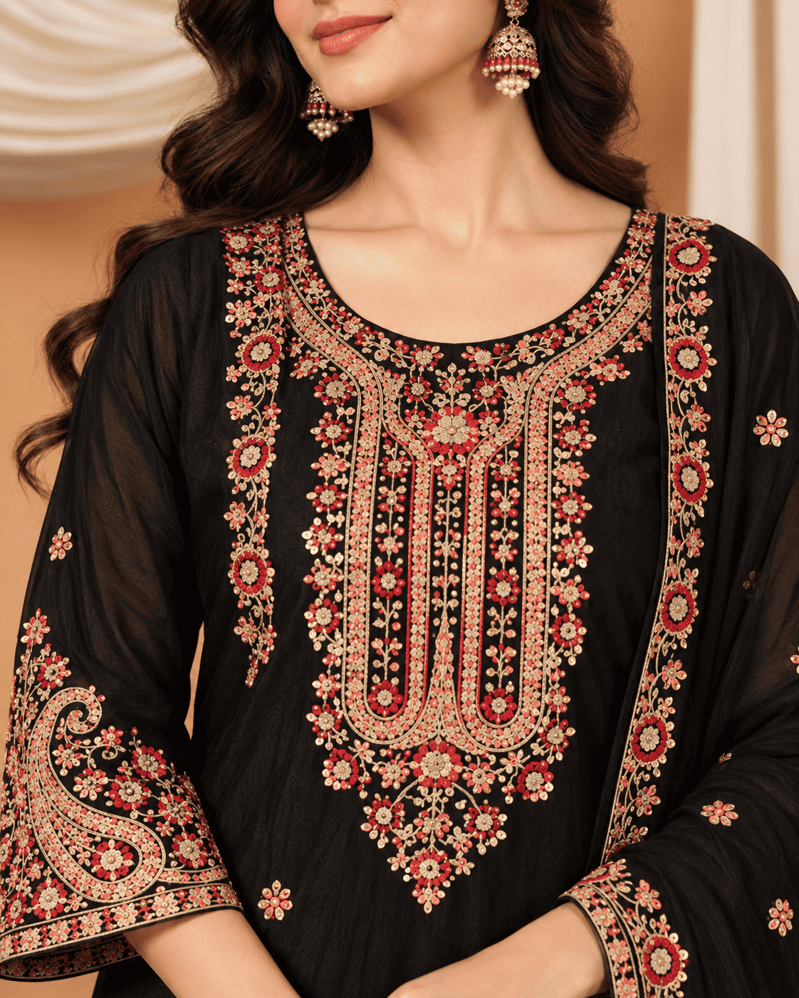 Black Embroidered Chinon Kurta Gharara and Dupatta Set