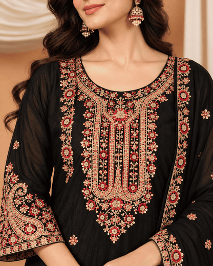 Black Embroidered Chinon Kurta Gharara and Dupatta Set