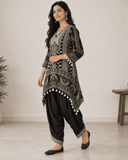 Black Muslin Printed Kurta Pant Set