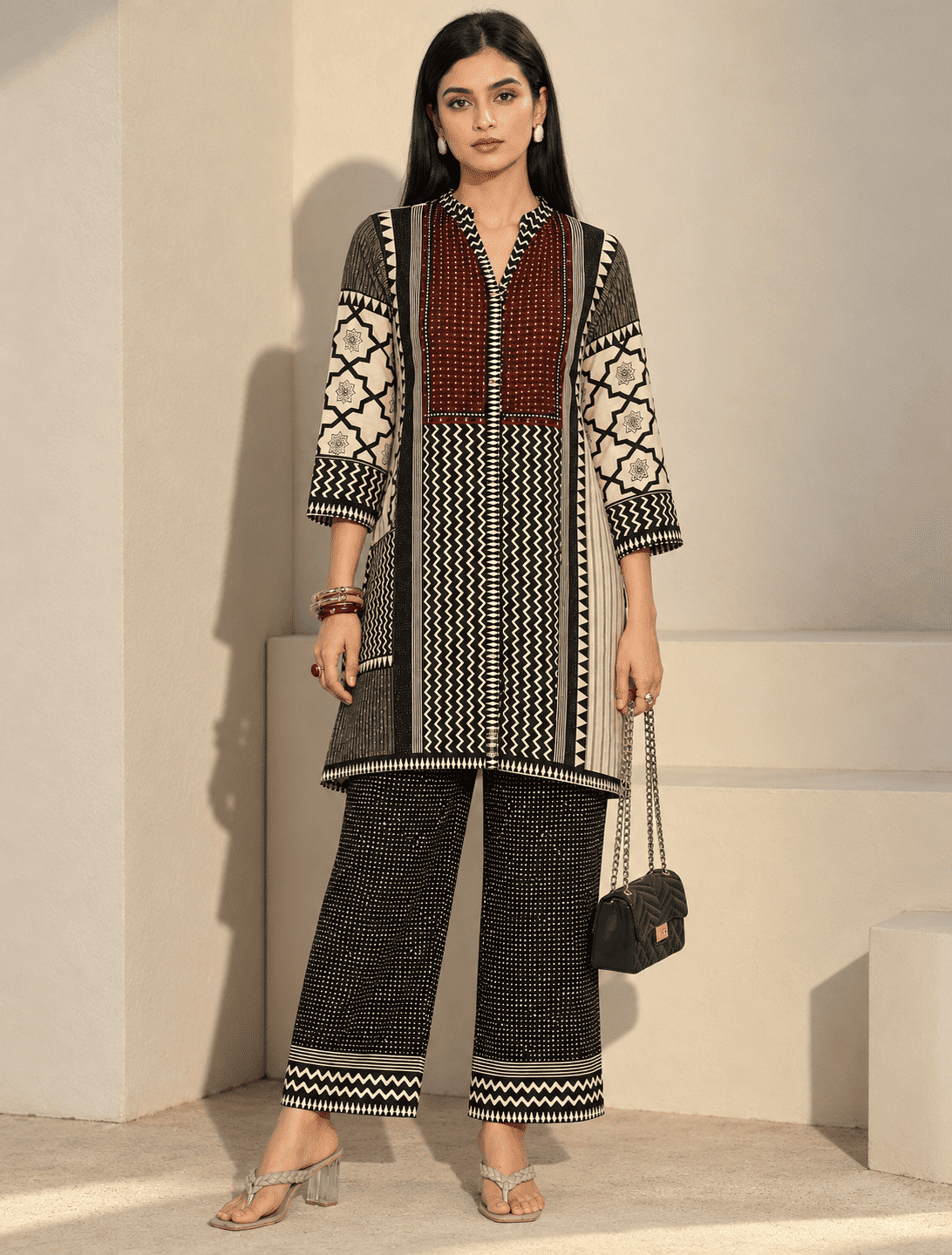 Black & Ivory Printed Modal Rayon Kurta Pant Set