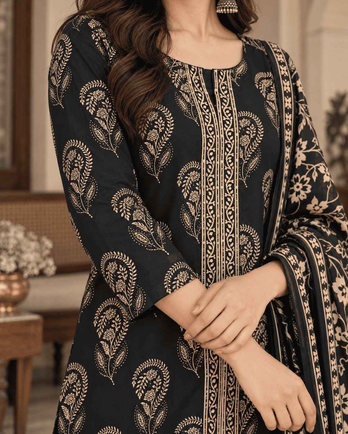 Black Printed Cotton Blend Kurta Pant and Dupatta