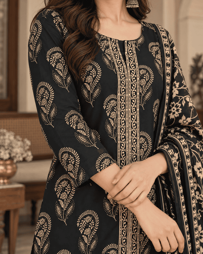 Black Printed Cotton Blend Kurta Pant and Dupatta
