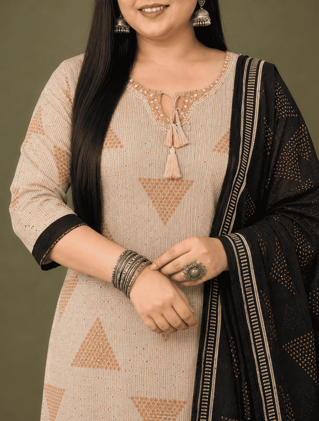 Beige And Black Block Printed Cotton Kurta Pant With Dupatta