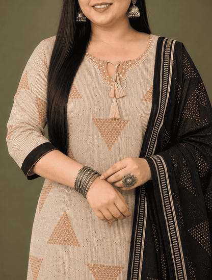 Beige And Black Block Printed Cotton Kurta Pant With Dupatta