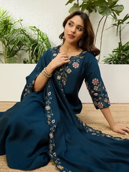 Teal Blue Silk Blend Embroidered Kurta and Pant with Dupatta