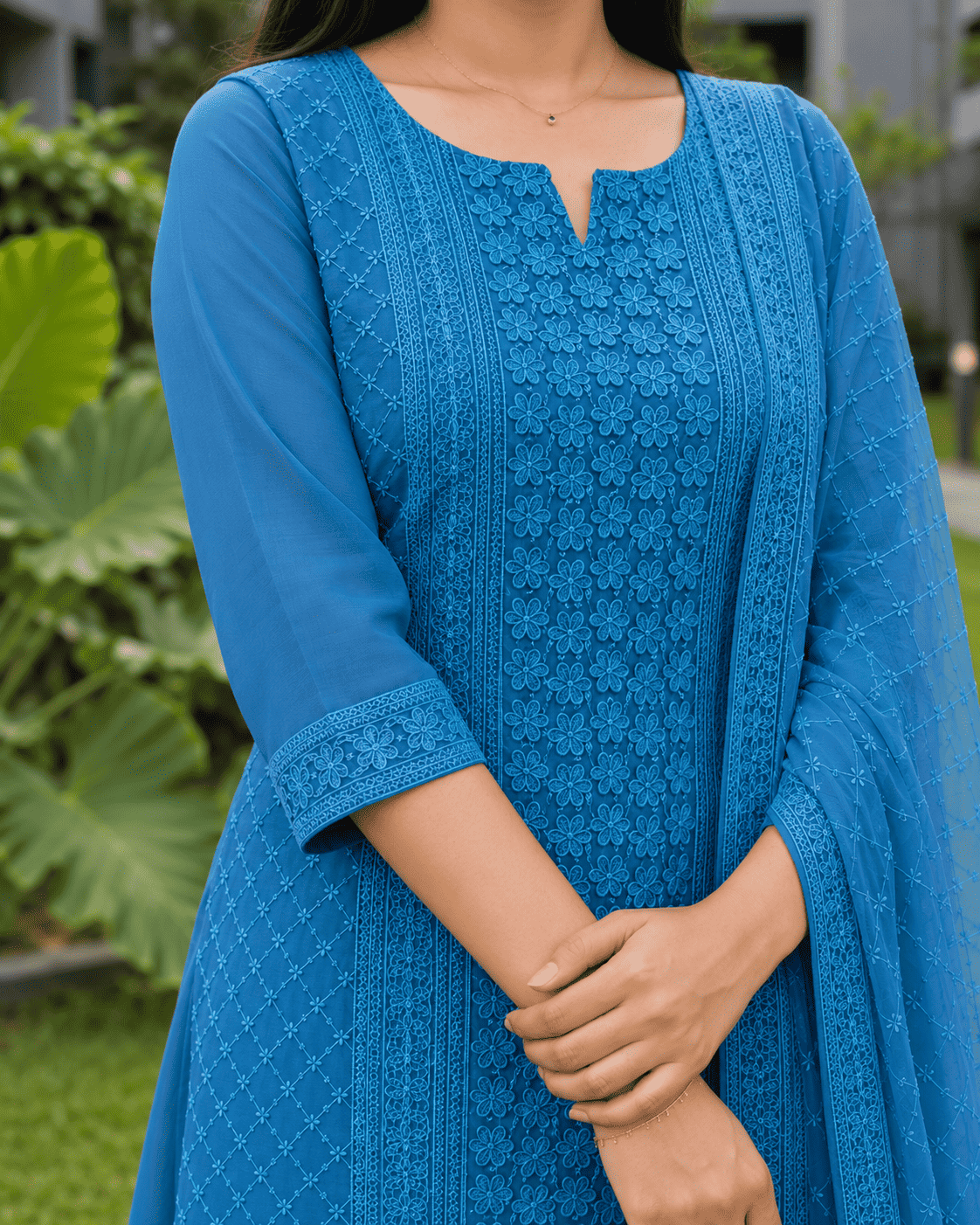 Blue Chikankari Embroidered Georgette Kurta Pant Set With Dupatta